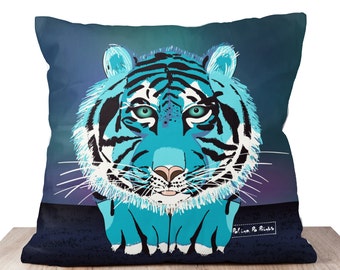 Roar with Laughter! Smiley Tiger Pillowcase by Polina Po - 3 Sizes of Tiger-tastic Fun. Tiger art pillowcase, Smiley Blue tiger cushion.