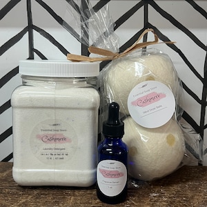 Bundle Wool Dryer Balls, Fragrance Reload, & Detergent 32 oz. Natural, Vegan, Septic Safe, Biodegradable and safe for sensitive skin.