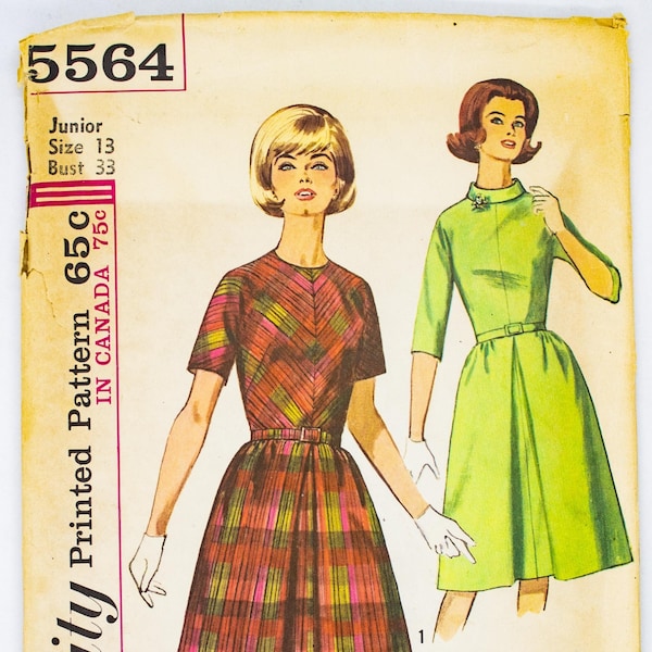 Simplicity, 5564, 60s, Kimono Sleeve Dress, Size 13 Bust 33, Vintage, Sewing Pattern, Carefully Cut, All Pieces Present