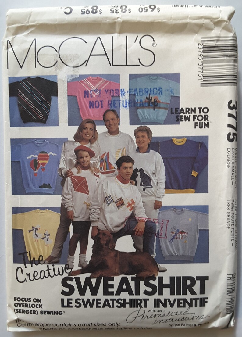 Mccall's, 3775, Misses', and, Mens', Sweatshirt, Size XS, S, L, XL, Sewing Pattern UNCUT, Factory Fold image 1