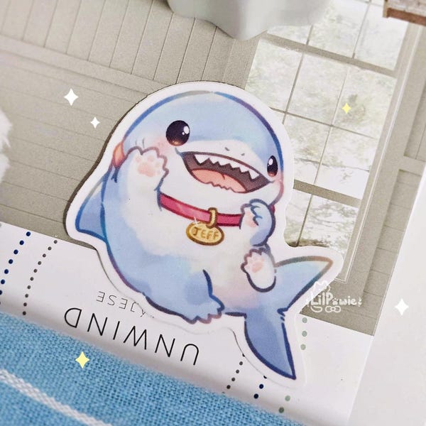 Pegatina de vinilo de 2,5 pulgadas de Jeff el tiburón terrestre, lindo y regordete, ideal para regalar en cuadernos o botellas.