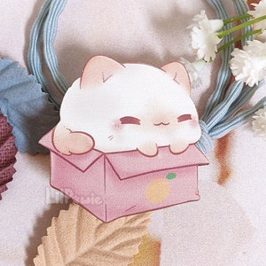 Puede incluir: Un gato de dibujos animados blanco con mejillas rosadas está sentado dentro de una caja rosa con una pegatina naranja. El gato está mirando hacia abajo y tiene una expresión feliz. La caja está sentada sobre una superficie blanca con hojas azules y marrones.