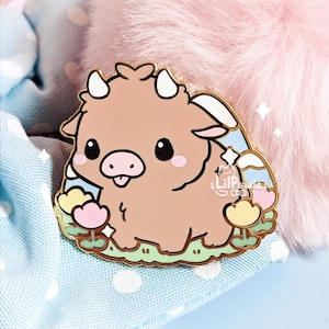 Highland Cow Mountain and Tulips Wild Fluffy Cute Animal Friend Original Art Hard Enamel Pin