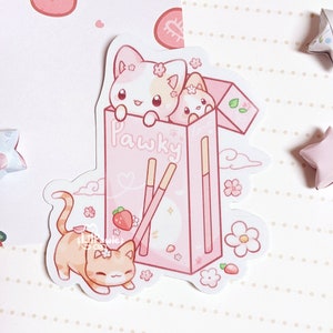 Cute Original Strawberry Pocky Calico Kitty Cats Pink Aesthetic Cream Biscuit Stick Matte Laptop Notebook Planner Vinyl Die-cut Sticker
