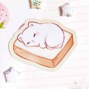 Sleeping Comfy White Kitty Cat on Toast Bread Original Art Die-cut Glossy Sticker 2.5&#39;&#39; for Laptop/Craft/Journal/Bottle