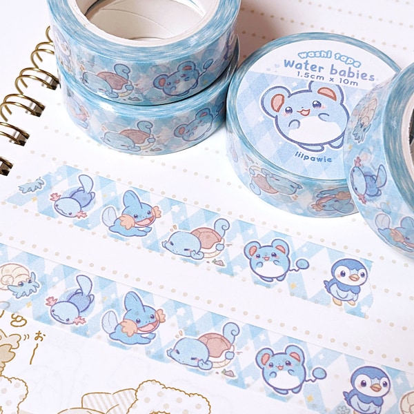 Water babies! Anime Monster Washi Tape 1.5cm x 10m Scrapbook Journal Planner Adhesive Masking Tape School Supply Pastel Blue