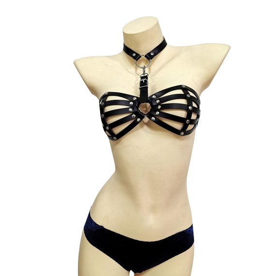 Leatherette Choker Harness Bralette 