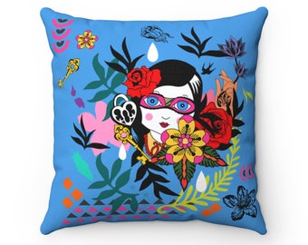 Cool girl with colorful shapes,  flowers and leaves on blue background - Square Pillow