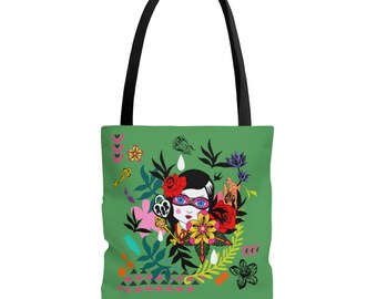 Cool girl with colorful shapes, flowers and leaves on green background - Tote Bag