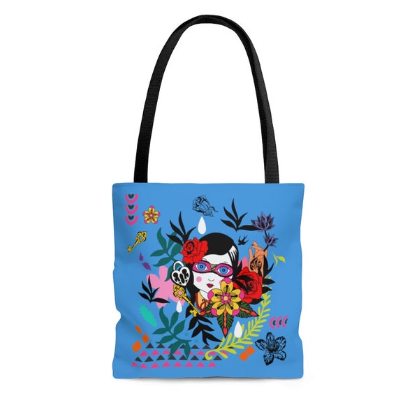 Fille fraîche avec des formes colorées, des fleurs et des feuilles sur le fond bleu - Sac de fourre-tout