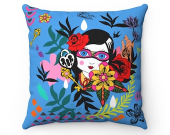 Almohada azul con formas coloridas, flores y hojas - Almohada decorativa