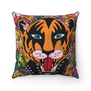 Tigre frais dans la nature colorée, fleurs et feuilles - Oreiller carré, oreiller de salon