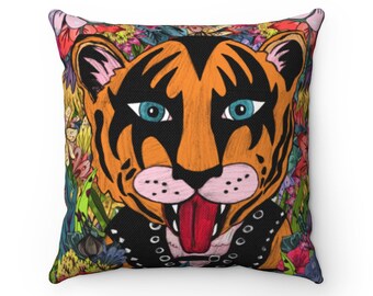 Cool tiger in colorful nature, flowers and leaves - Square Pillow, living room pillow