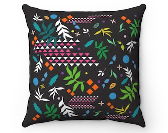 Bohemian design on a black background. Colorful shapes, leaves and flowers - Square Pillow,  Living Room Pillow, decorative pillow