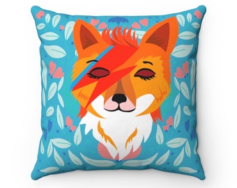 Blue Pillow with cute fox. Inspired by David Bowie. Decorative pillow.