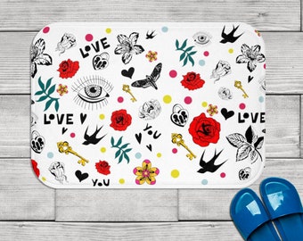 Love you, white bath rug with floral elements  - Bath Mat
