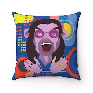 Blue Pillow with colorful shapes. Inspired by Ozzy Osbourne, Black Sabbath. Decorative pillow