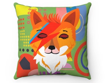 Green pillow with colorful shapes. Inspired by David Bowie. Decorative pillow