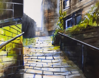 Down to Sid's Cafe, Holmfirth, acrylic painting