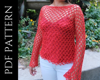 PDF File for Crochet Pattern (English), Monica Mesh Top, Pictures and Video Tutorials Included, Crochet Long Sleeves Pattern
