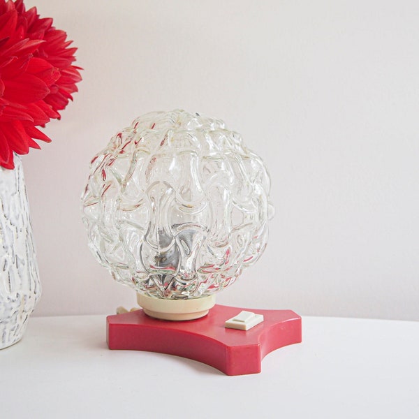 Table lamp * produced by Saku in Germany * red plastic base * bubble glass globe * 70s * very good vintage condition