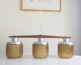 Swedish * 3-arm hanging lamp * amber glass, teak and metal * 50s * very good vintage condition