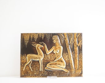 Relief * plaque * brass * deer with woman * wallhanging * 60s * very good vintage condition