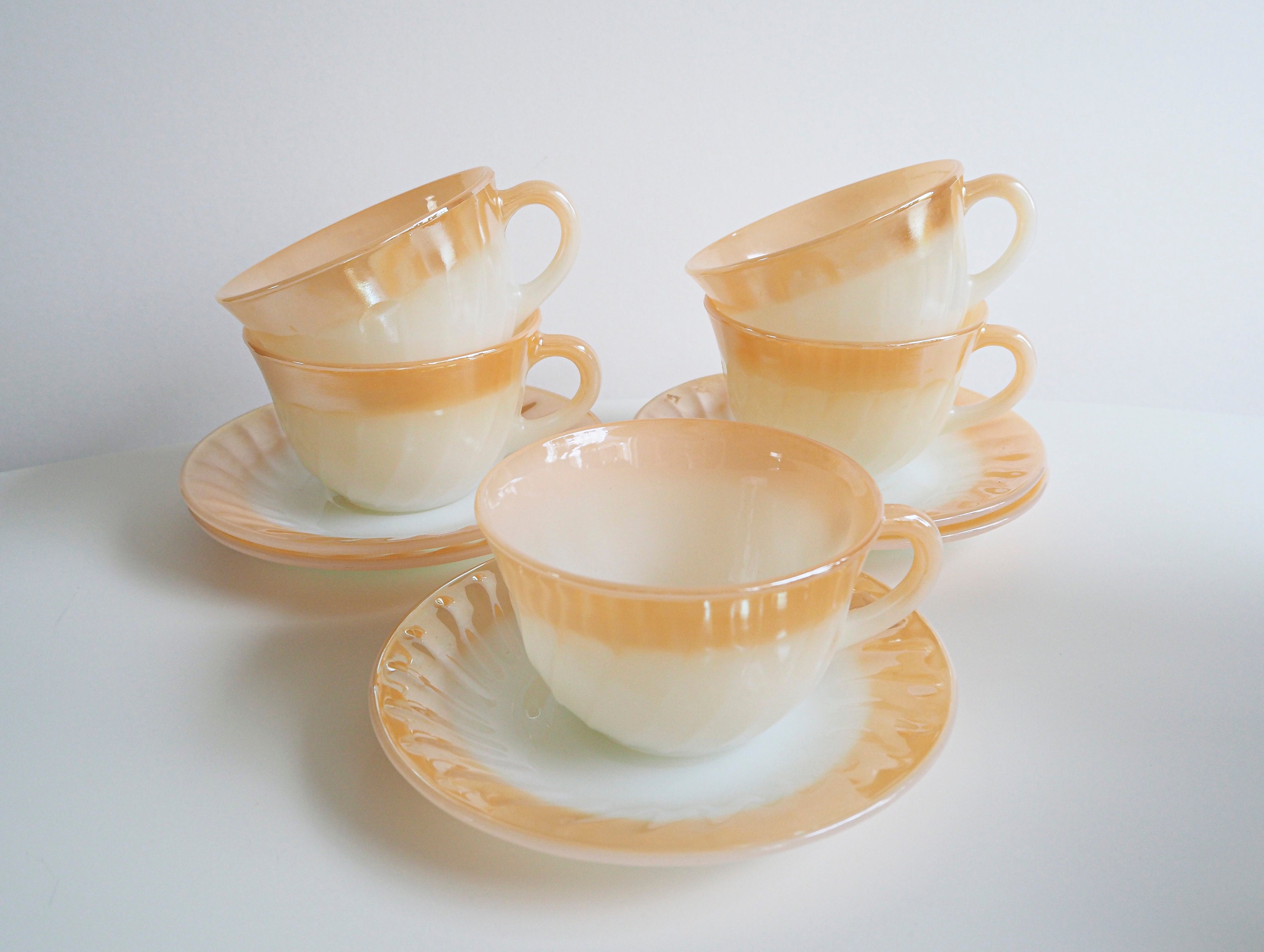 Set of 5 * Fire King * Swirl * Peach * Cups and Saucers * Mid