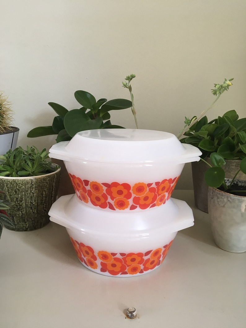 Mid century Perfect condition Lotus 2 bowls with lid 1960 casseroles Floral Arcopal