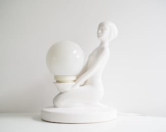 Table lamp * art deco style * lady with opaline globe * ceramic * 80s * very good vintage condition