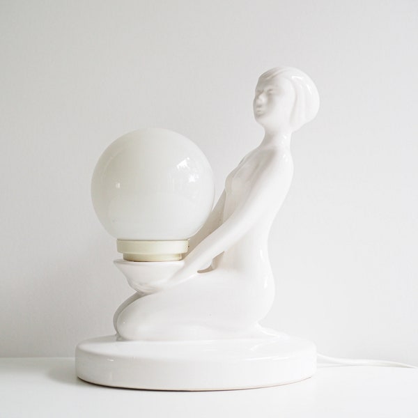 Table lamp * art deco style * lady with opaline globe * ceramic * 80s * very good vintage condition