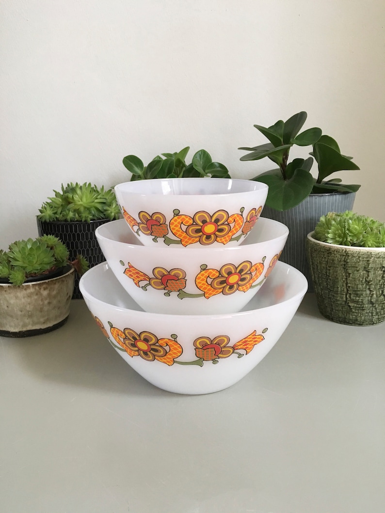3 nesting bowls 1960 Mid century Floral Design JENA GLASS Perfect condition