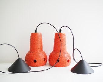 Set of 2 * hanging lamps * ceramic * orange * 70s * very good vintage condition