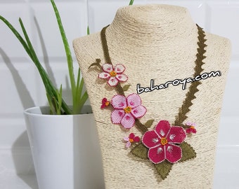 Needle Work Handmade Turkish Crochet Oya Fatmagül Necklace Pink by Bahar Oya