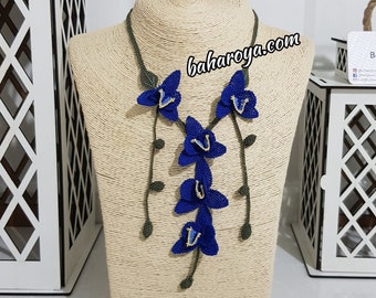 Needle Work Handmade Turkish Oya Orchid Necklace Navy Blue by Bahar Oya