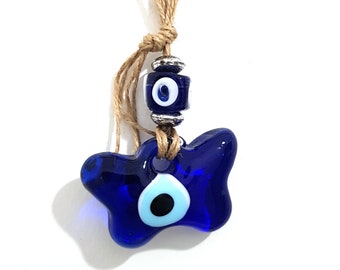 Glass Evil Eye Butterfly Amulet Wicker Wall Hangings No: 3312 | Good Luck | Protection | Nazar Boncuğu - Housewarming Gift - Christmas Gift
