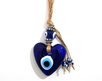 Glass Evil Eye Heart Love Amulet Wicker Wall Hangings No: 3316 | Good Luck | Protection | Nazar Boncuğu - Housewarming Gift - Christmas Gift