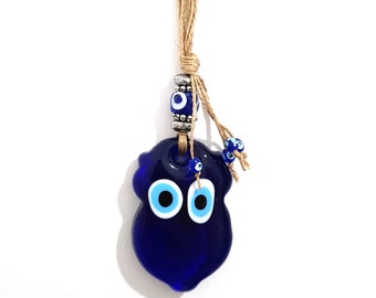 Glass Evil Eye Owl Amulet Wicker Wall Hangings No: 3318 | Good Luck | Protection | Nazar Boncuğu - Housewarming Gift - Christmas Gift