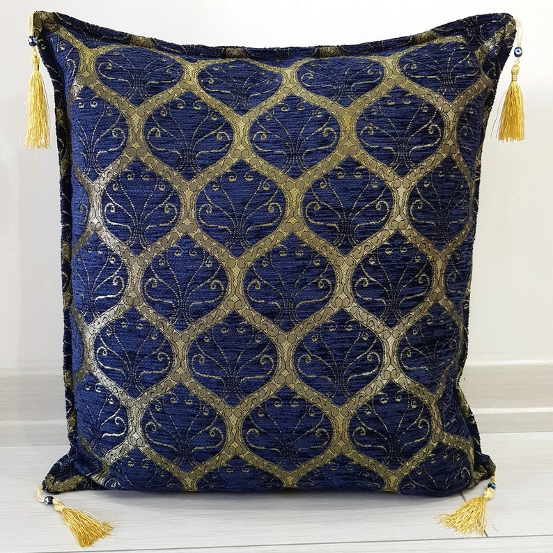 Traditional Turkish Decorative Cushion Covers / Decorative Pillow Covers 18 x 18 45x45 cm With Tassel Peacock Design Throw Pillow Cover Navy Blue