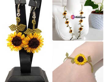 Needle Lace Sunflower Earrings Dangle - Studs - Bracelet Set & Glasses Strap  - Birthday Gift - Mother Day's Gift - Gift For Her