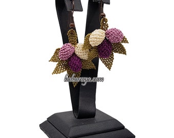 Needle Work like Crochet Turkish Oya Grape Bunch Purple-Cream-Lilac Earrings by Bahar Oya