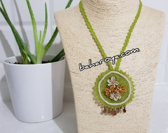 Needle Work Handmade Turkish Oya Locket Necklace Green by Bahar Oya