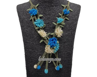 Needle Lace Handmade Turkish Crochet Oya Carnation Necklace Blue by Bahar Oya