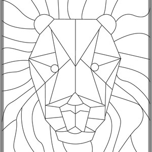 May include: A black and white line drawing of a lion's face in a geometric style. The lion's mane is made up of lines that radiate out from the head.