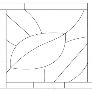 May include: Black and white line drawing of a stained glass window design with a leaf pattern.