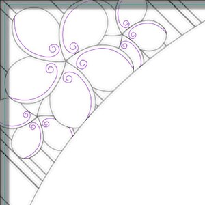May include: A black and white illustration of a decorative frame with a floral design in the corners. The frame is made up of lines and curves, creating a geometric pattern. The floral design is made up of overlapping circles and swirls.