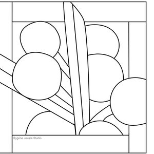 May include: Black and white line art illustration of a geometric design with overlapping circles and lines. The design is reminiscent of stained glass.