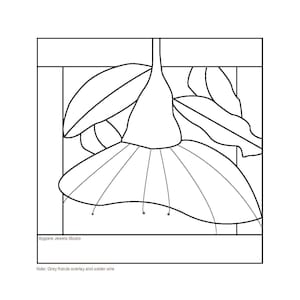 May include: Black and white line drawing of a stained glass flower with a long stem and leaves. The flower has a large, bell-shaped bloom with a scalloped edge. The drawing is labeled "Bygone Jewels Studio" and "Note: Grey fronds overlay and solder wire".