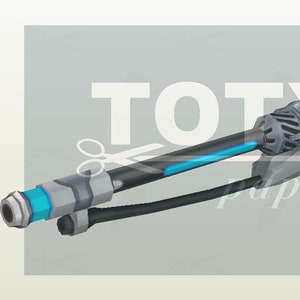 May include: A futuristic-looking, silver and black rifle with blue glowing details. The rifle has a long barrel and a complex design with multiple parts.