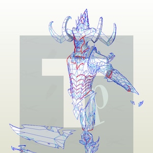 May include: A blue wireframe model of a fantasy character, featuring a horned helmet, armor, and a sword. The design includes intricate details and a stylized aesthetic, with red accents highlighting key areas.